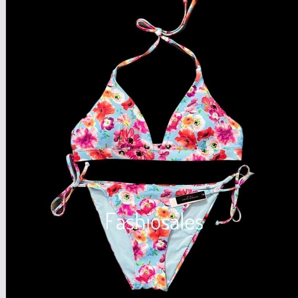 Victorias Secret Swim Essential Halter Padded Bikini top & bottom Set blue flora